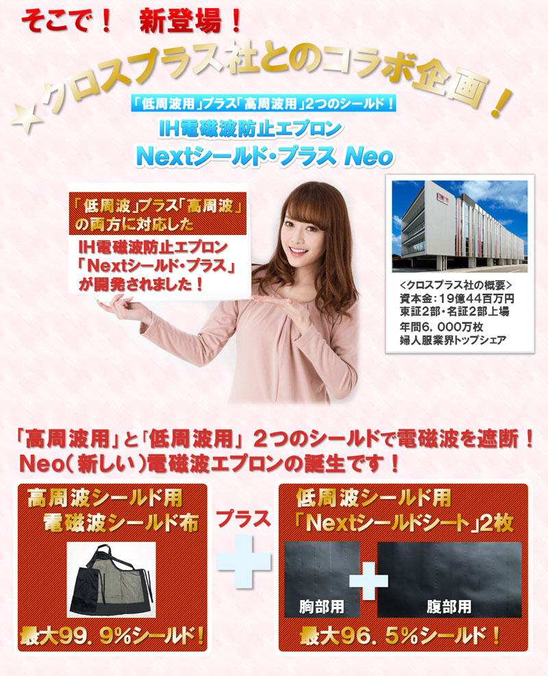 クロスプラス社とのコラボレーションの電磁波エプロン。高周波シールド布 低周波シールド・シート