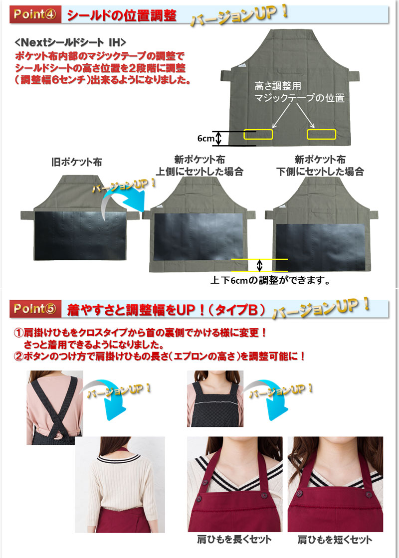 ポケット布も2段階調整機能付きにバージョンアップ。エプロン本体もバージョンアップ